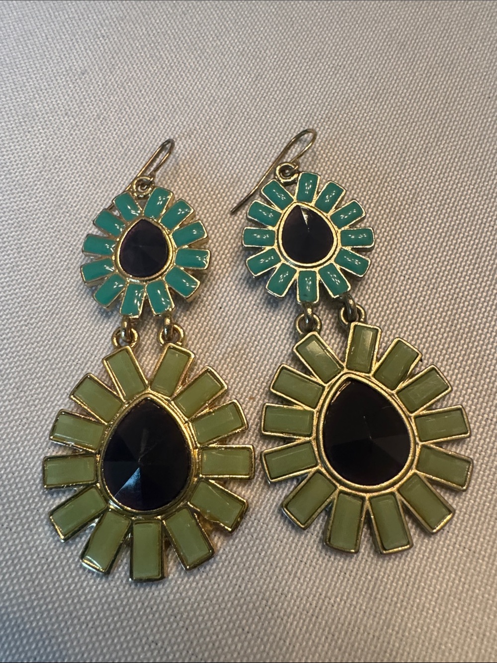 Gold-Tone Green Sunburst Drop Earrings with Navy Teardrop Stones